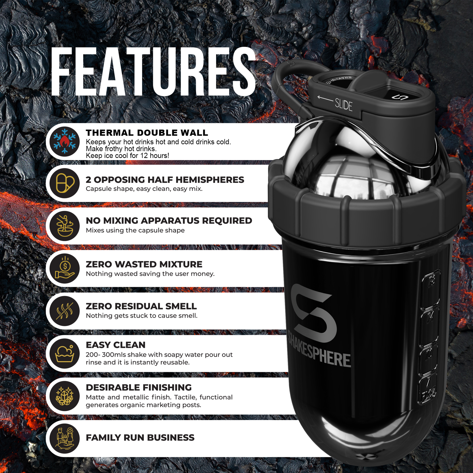 Protein shaker bottle 700mls "Tumbler" Double Wall Steel Mirrored Black - 販売準備中 -