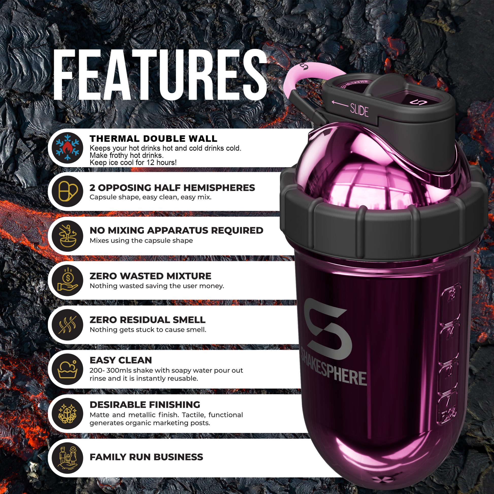 Protein shaker bottle 700mls "Tumbler" Double Wall Steel  Mirrored Pink - 販売準備中 -