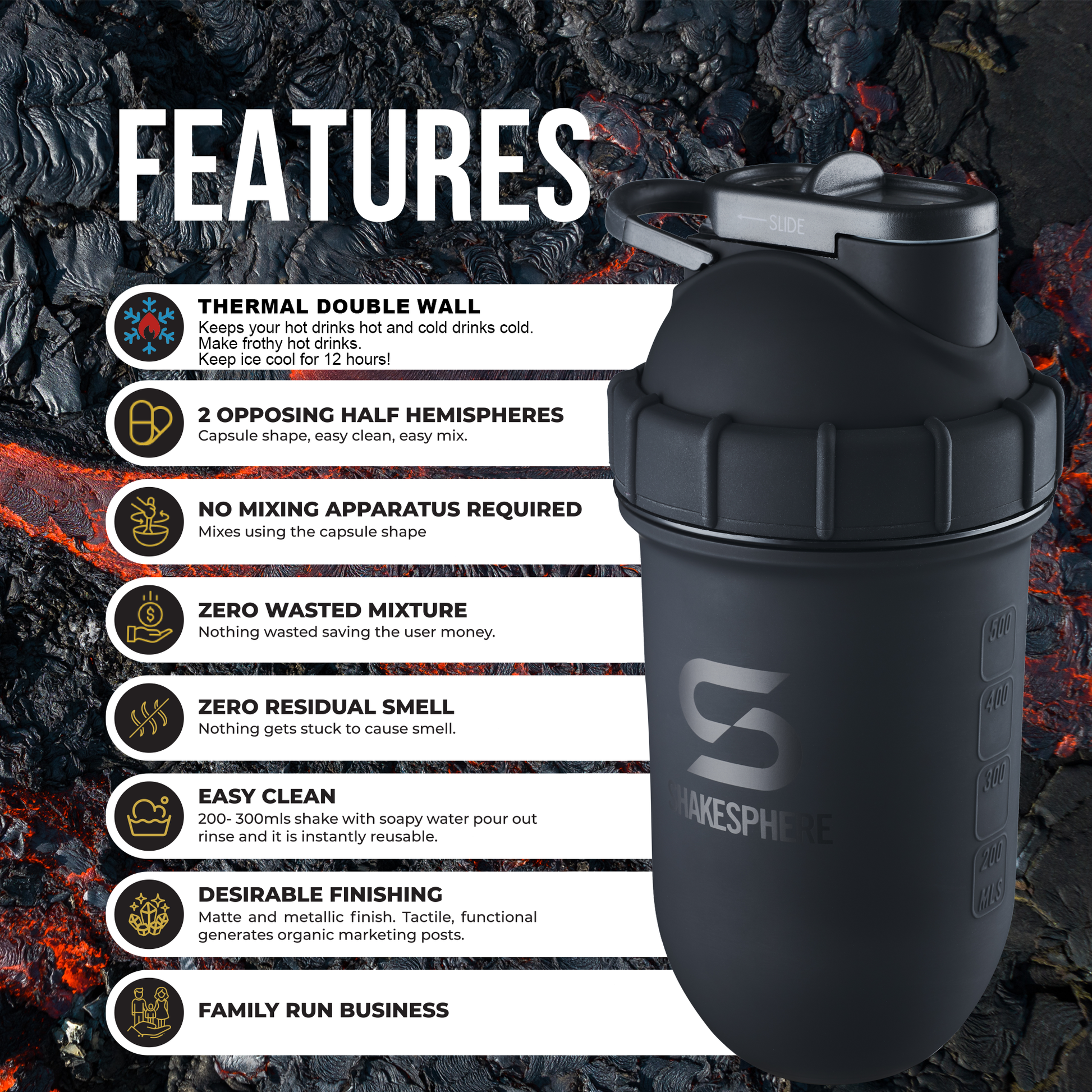 Protein shaker bottle 700mls "Tumbler" Double Wall Steel Matte Black　- 販売準備中 -