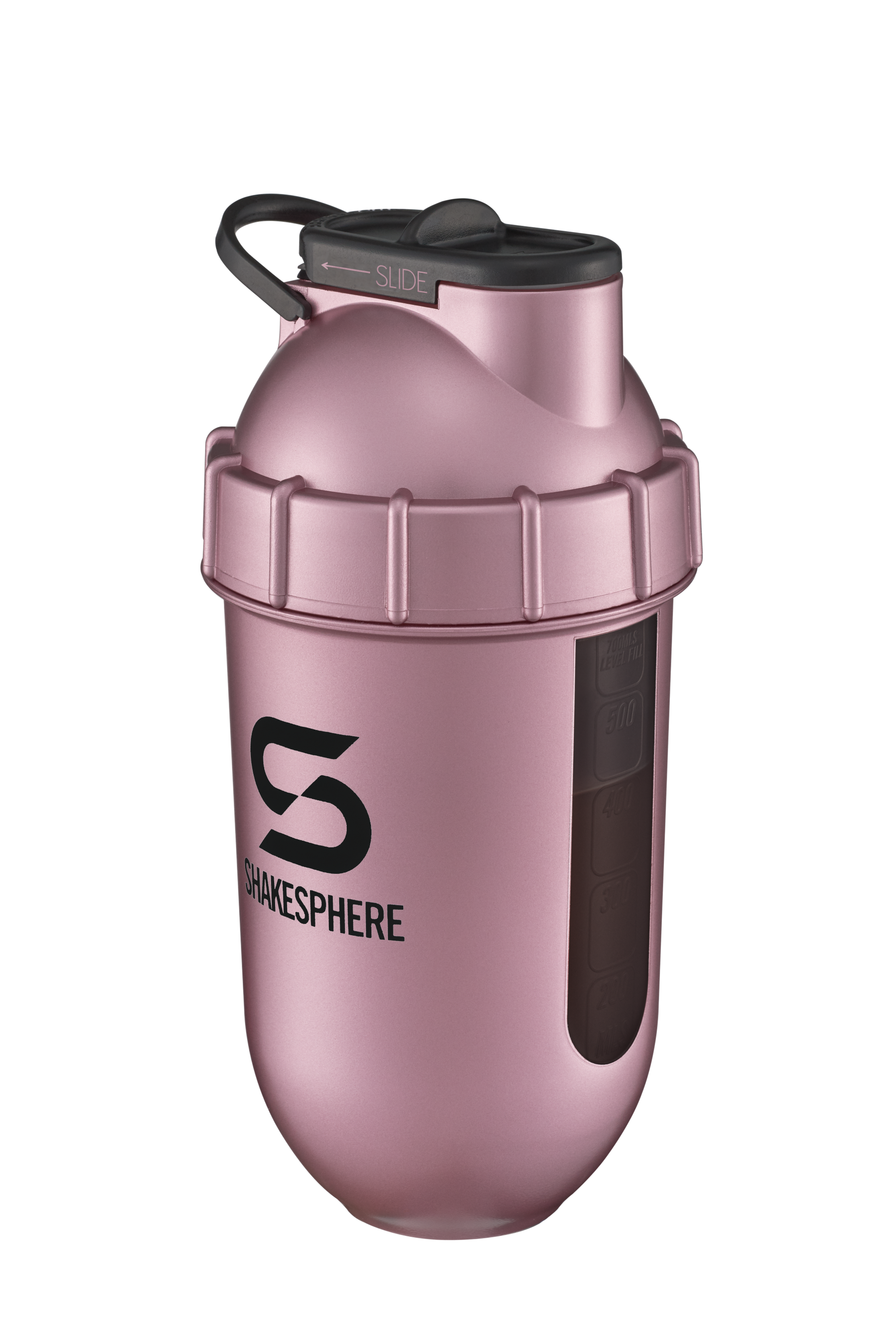 Protein shaker bottle 700mls "Tumbler View" Rose Gold/Black Logo/Black Window　- 販売準備中 -