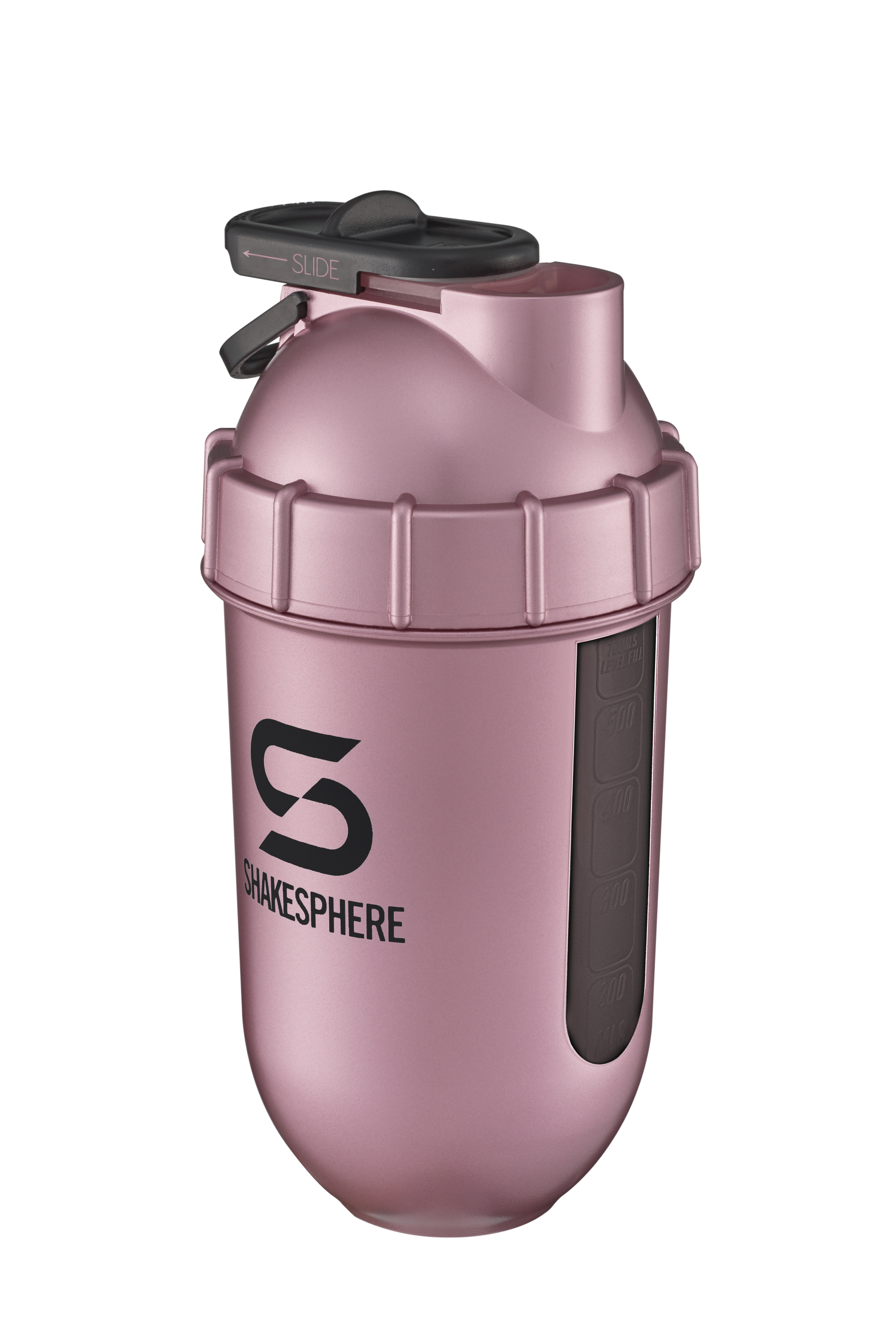 Protein shaker bottle 700mls "Tumbler View" Rose Gold/Black Logo/Black Window　- 販売準備中 -