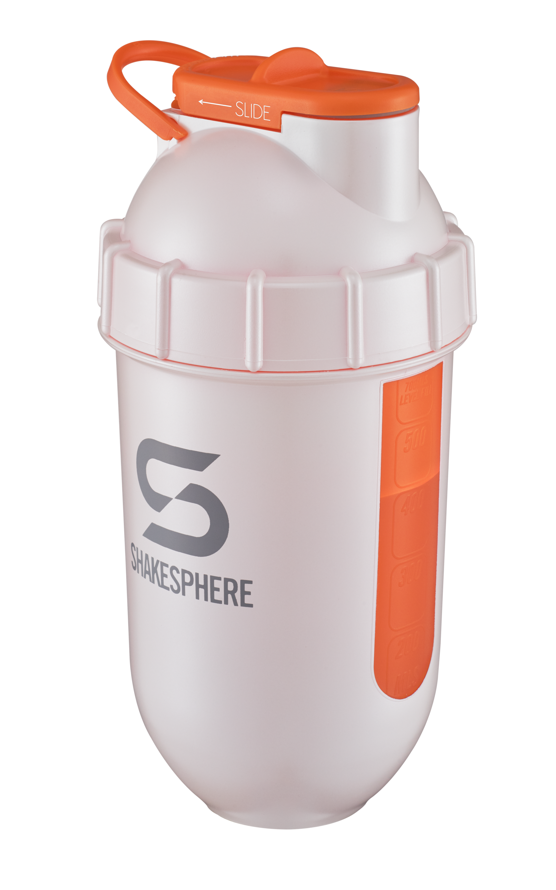 Protein shaker bottle 700mls "Tumbler View" Pearl White/Orange Window　- 販売準備中 -