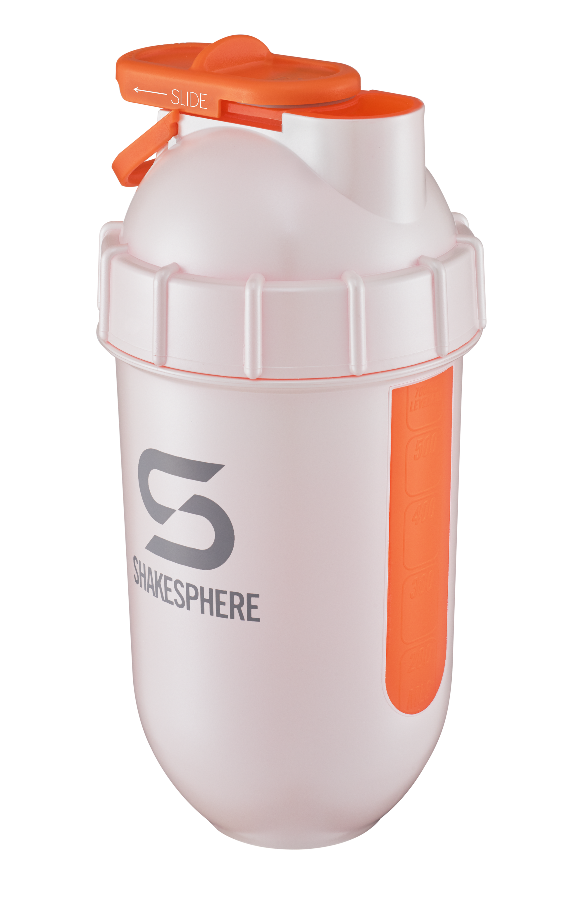 Protein shaker bottle 700mls "Tumbler View" Pearl White/Orange Window　- 販売準備中 -
